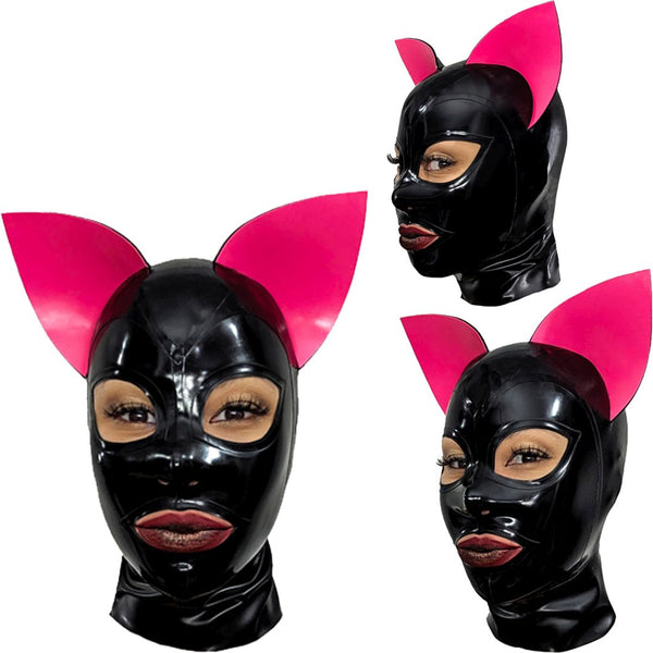 Black with Vibrant PinkFox Ears Animal HoodShown with Wide Eye