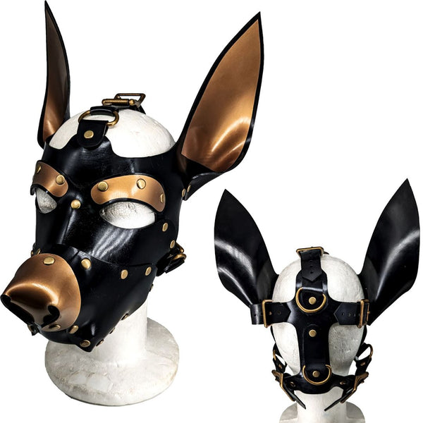 Dog / Pup maskShown in Laminated Black with Pearlsheen Antuique Gold TrimBronze HardwareCustom Large Doberman Ears