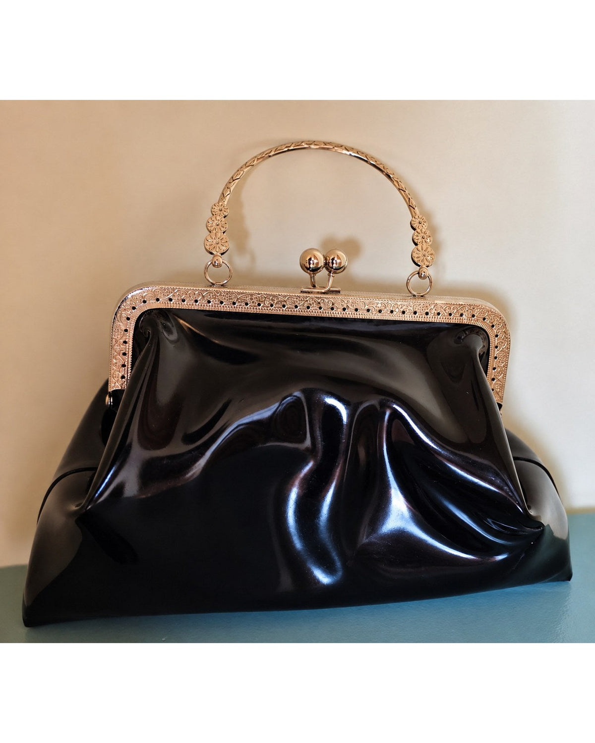 Black Latex Clasp Purse - Gold