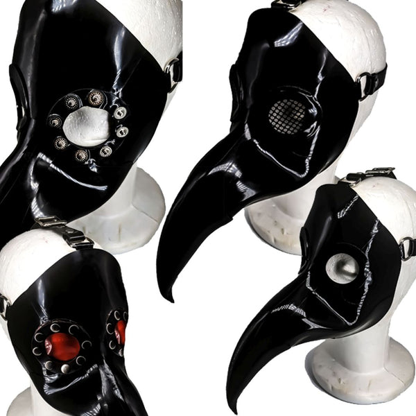 Plague Doctor MaskShown with Snap-On Lens Style - Open, Red, Open wiith Cover & Net.Snaps Can be visible as shown on leftor hidden under the rubber as shown on the right.