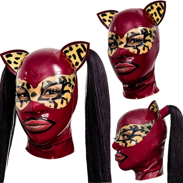 Plum with Cat FaceLeopard Trans Animal Kitty& Pigtails Hair HoodShown with Flared Bottom Eye