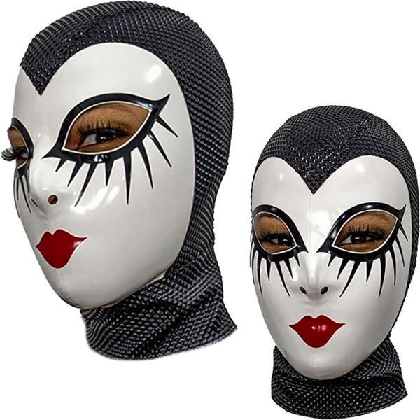 Pyramid Black Specialty SheetingWhite Face HoodShown with Long Bottom Lashes Eye& Red Geisha Lips