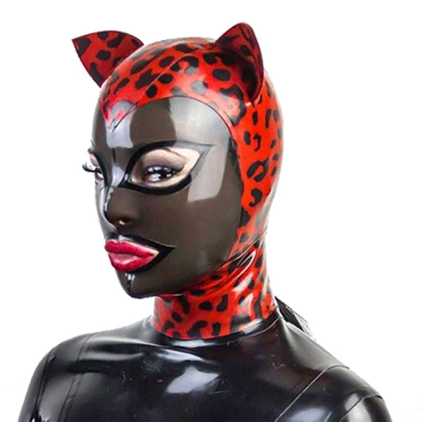 Red Leopard Kitty Animal HoodSpecialty SheetingShown with Smoke Face