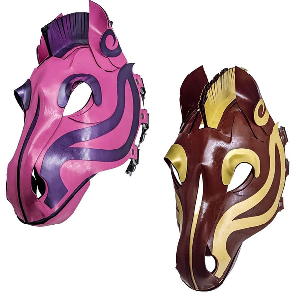 Pony Mask / Horse HoodShown in 2-ColorBubblegum Pink with Pearlsheen Purple (Left)Brown with Pearlsheen Gold (Right)